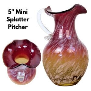 Murano Style Art Glass Pitcher Creamer 5" Cranberry Amber Spatter Hand Blown